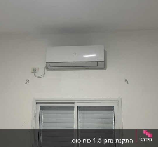 מזגן מותקן על קיר מעל חלון עם תריסים